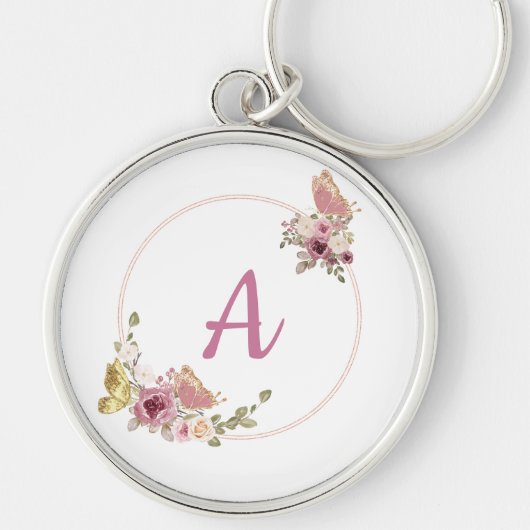 Elegant Rose Gold Floral Butterfly – Custom name Sleutelhanger (Voorkant)