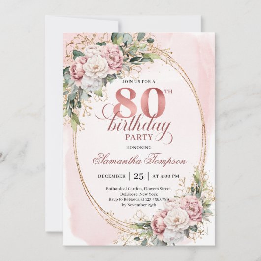 Elegant Rose Gold Floral Eucalyptus 80th Birthday  Kaart (Voorkant)