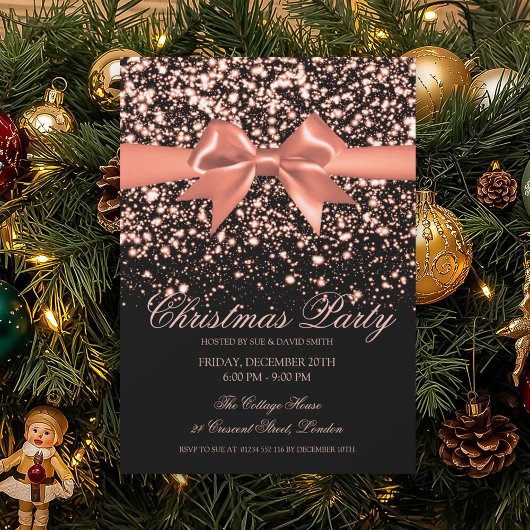 Elegant Rose Gold Glam Red Bow Christmas Party  Kaart