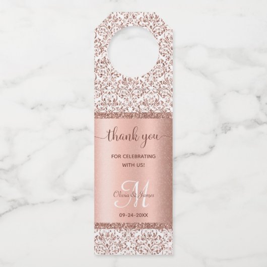 Elegant Rose Gold Glitter Monogram Wedding Flessenhanger (Voorkant)