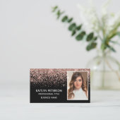 Elegant Rose Gold Glitter Photo QR Code Black Visitekaartje (Staand voorkant)