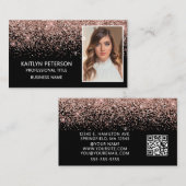 Elegant Rose Gold Glitter Photo QR Code Black Visitekaartje (Voorkant / Achterkant)