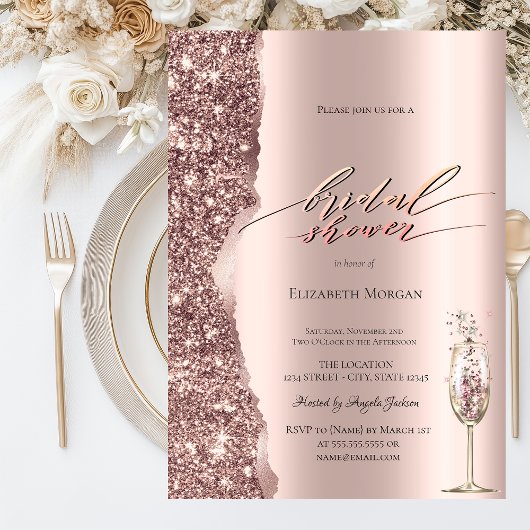Elegant Rose Gold Glitter Script Champagne Kaart