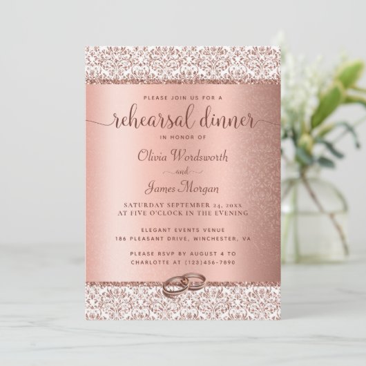 Elegant Rose Gold Glitter Wedding Rehearsal Dinner Kaart (Staand voorkant)