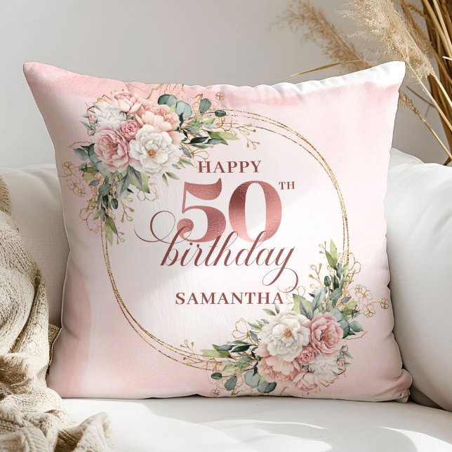 Elegant Rose Gold Greenery 50th Birthday Pillow   Kussen (Elegant Rose Gold Greenery 50th Birthday Pillow Gift)