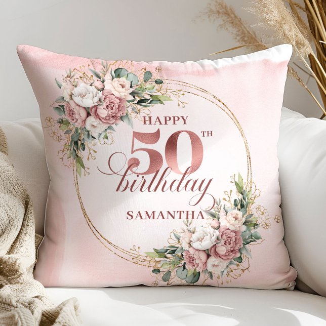 Elegant Rose Gold Greenery 50th Birthday Pillow  Kussen (Elegant Rose Gold Greenery 50th Birthday Pillow Gift)