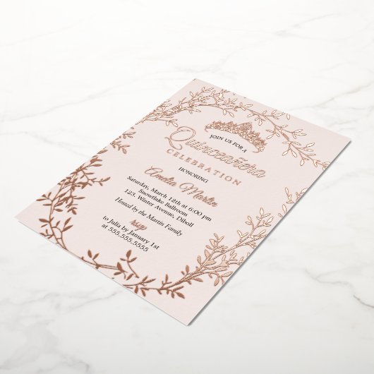 Elegant Rose Gold Leaf Wreath Quinceanera Fo Folie Uitnodiging (Gedraaid)