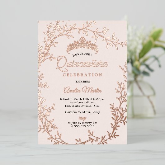 Elegant Rose Gold Leaf Wreath Quinceanera Fo Folie Uitnodiging (Staand Voorkant)