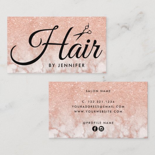 Elegant rose gold marble scissors hairstylist visitekaartje (Voorkant / Achterkant)