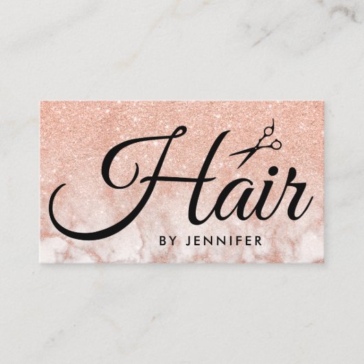 Elegant rose gold marble scissors hairstylist visitekaartje (Voorkant)