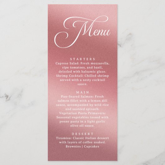 Elegant Rose Gold Modern Wedding Dinner Menu (Voorkant)