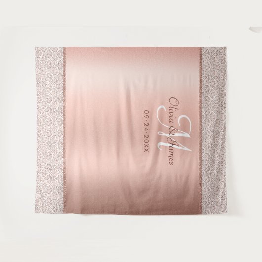 Elegant Rose Gold Monogram Wedding Backdrop Wandkleed (Voorkant (horizontaal))