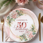 Elegant Rose Gold Peonies 50th Birthday Party Plat Papieren Bordje