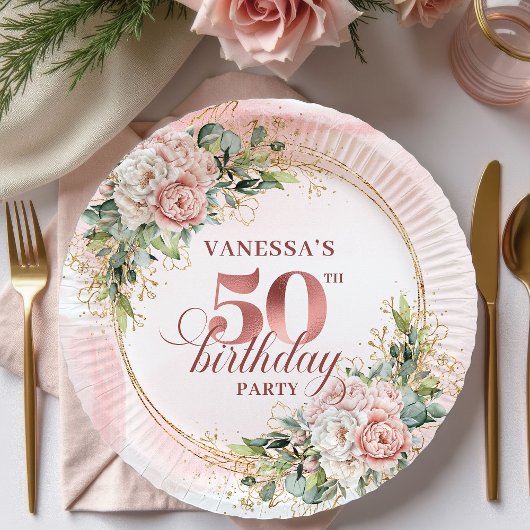 Elegant Rose Gold Peonies 50th Birthday Party Plat Papieren Bordje