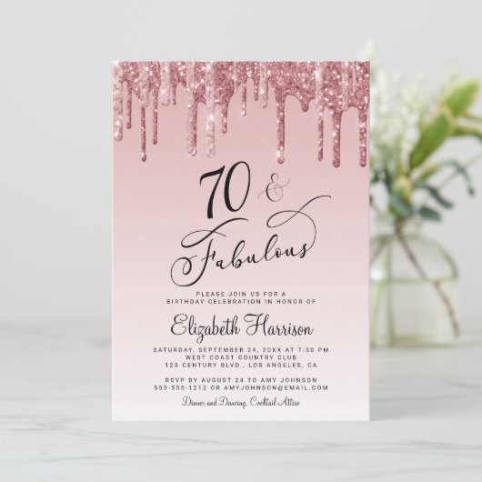 Elegant Rose Gold Pink Glitter 70th Birthday Party Kaart (Staand voorkant)