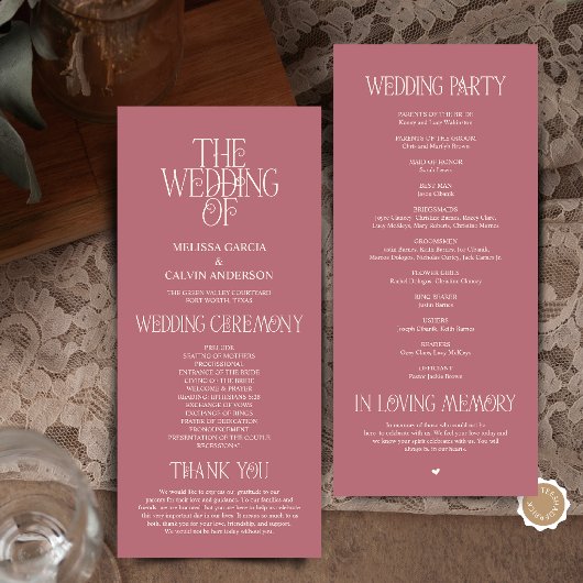 Elegant Rose Gold Typography Wedding Program Programmakaart