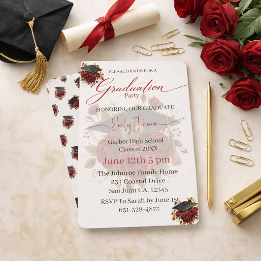 Elegant Rose Graduation Invitation Template Kaart