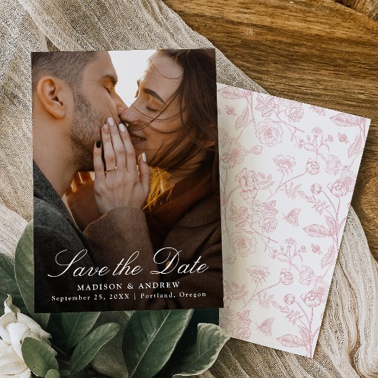 Elegant Rose Pink Chinoiserie Photo Wedding Save The Date