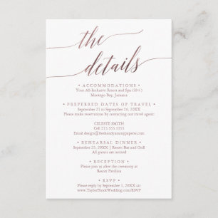 Elegant RoseGold Destination Wedding Travel Detail Informatiekaartje