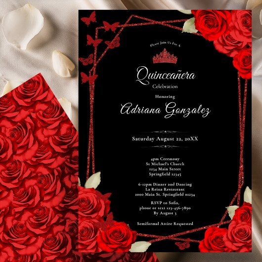 Elegant Roses and Crown Red Quinceanera  Kaart