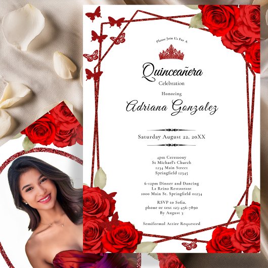 Elegant Roses and Crown Red Quinceanera Kaart