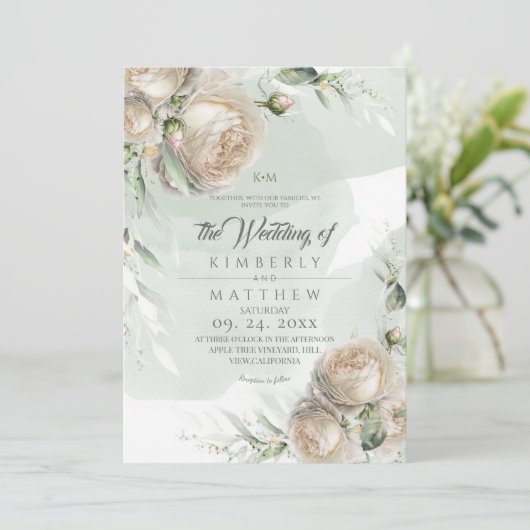 Elegant Roses and Watercolor Sage Rustic Wedding Kaart (Staand voorkant)
