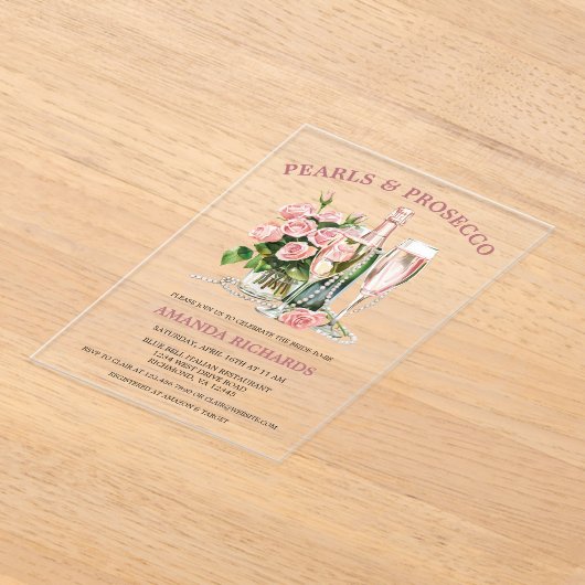 Elegant Roses, Pearls and Prosecco Bridal Shower Acryl Uitnodigingen (Laagn)