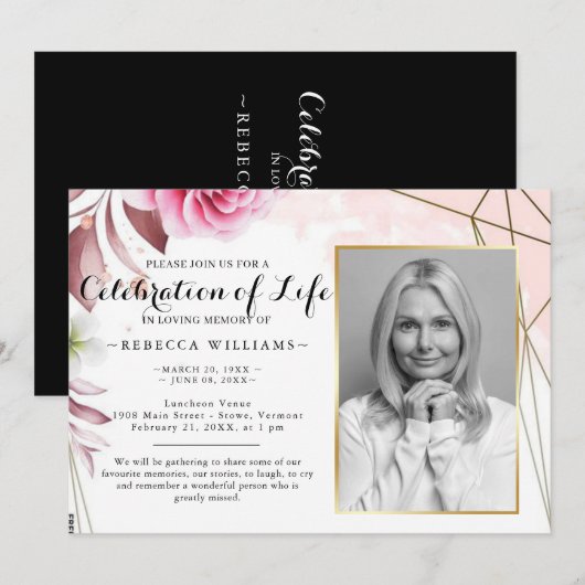 Elegant Rosy Blush Photo Celebration of life Kaart (Voorkant / Achterkant)