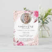 Elegant Rosy Foto Celebration of Life Invitation Kaart (Staand voorkant)