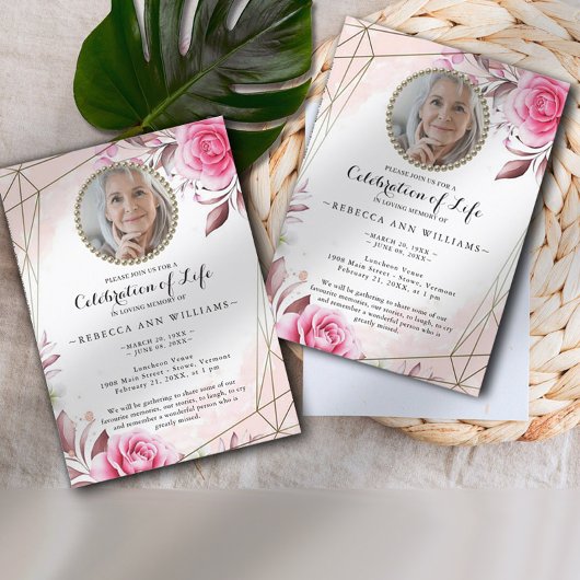 Elegant Rosy Foto Celebration of Life Invitation Kaart