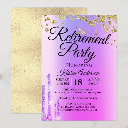 Elegant Rosy Sparkly Glitter Retirement Party Inv Kaart (Voorkant / Achterkant)
