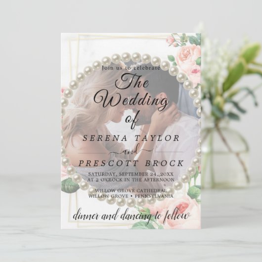 Elegant Rosy Vellum Overlay Wedding Invitation Kaart (Staand voorkant)