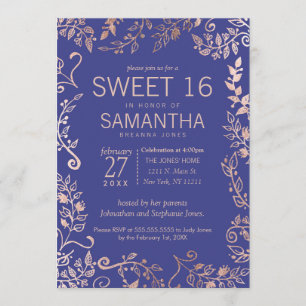 Elegant Roya Blue Roos Gold Floral Sweet 16 Invite Kaart