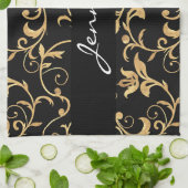 Elegant Royal Black en Gold Damask Kitchen Towel Theedoek (Gevouwen)