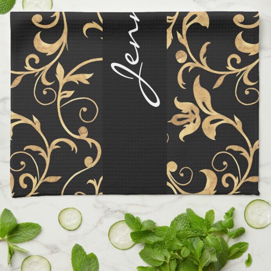 Elegant Royal Black en Gold Damask Kitchen Towel Theedoek (Gevouwen)
