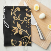 Elegant Royal Black en Gold Damask Kitchen Towel Theedoek (Quarter Fold)