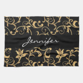 Elegant Royal Black en Gold Damask Kitchen Towel Theedoek (Horizontaal)