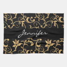 Elegant Royal Black en Gold Damask Kitchen Towel