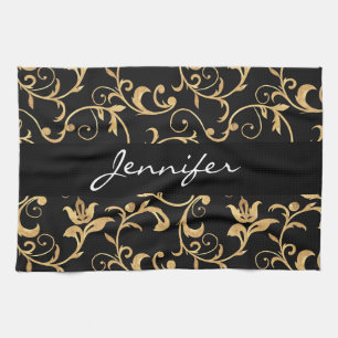 Elegant Royal Black en Gold Damask Kitchen Towel Theedoek