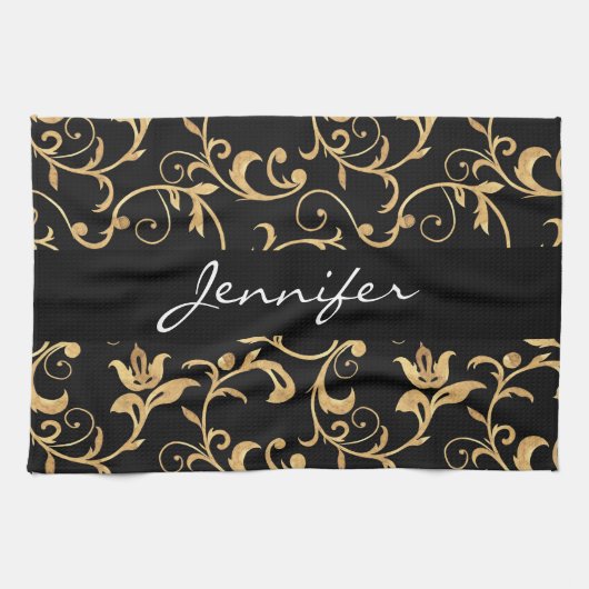 Elegant Royal Black en Gold Damask Kitchen Towel Theedoek (Horizontaal)