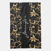 Elegant Royal Black en Gold Damask Kitchen Towel Theedoek (Verticaal)