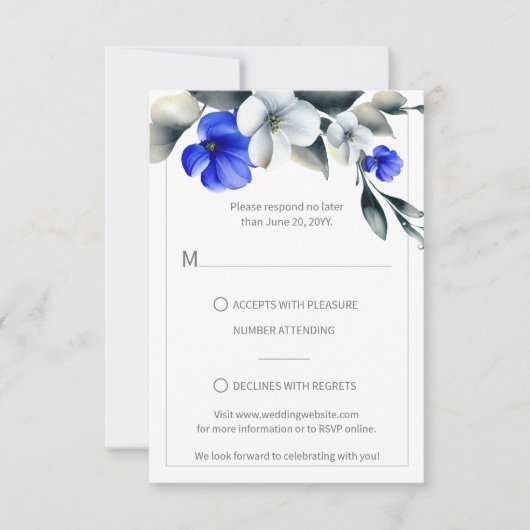 Elegant Royal Blauw en Wit Bloemen RSVP (Voorkant)