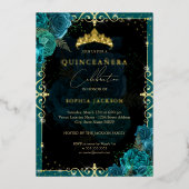 Elegant Royal Blauwgroen Goud Roos Quinceanera Folie Uitnodiging (Voorkant)