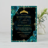 Elegant Royal Blauwgroen Goud Roos Quinceanera Folie Uitnodiging (Staand Voorkant)
