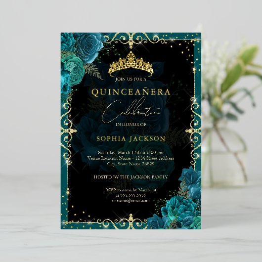 Elegant Royal Blauwgroen Goud Roos Quinceanera Folie Uitnodiging (Staand Voorkant)