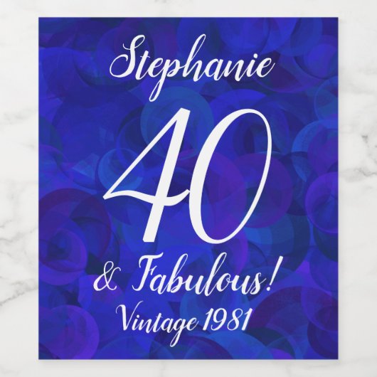 Elegant Royal Blue 40 en Fabulous Birthday Wijn Etiket (Enkel label)
