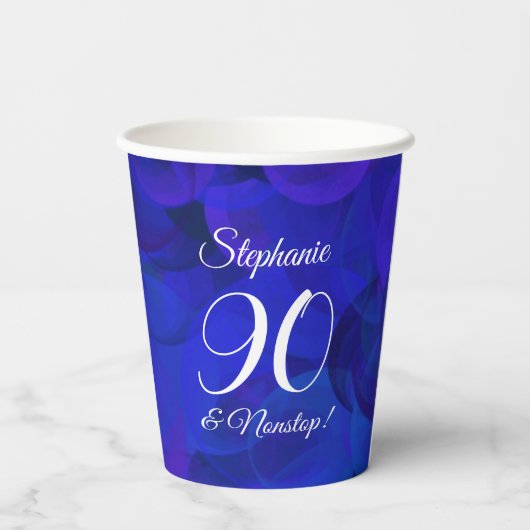 Elegant Royal Blue 90 en Nonstop Birthday Party Papieren Bekers (Achterkant)