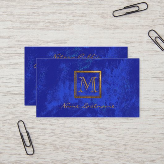 Elegant Royal Blue Abstract Gold Monogram Notary Visitekaartje (Voorkant / Achterkant in situ)
