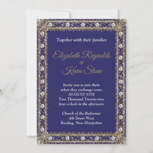 Elegant royal blue and gold bruiloft Invitation Kaart (Voorkant)