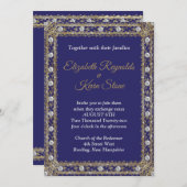 Elegant royal blue and gold bruiloft Invitation Kaart (Voorkant / Achterkant)